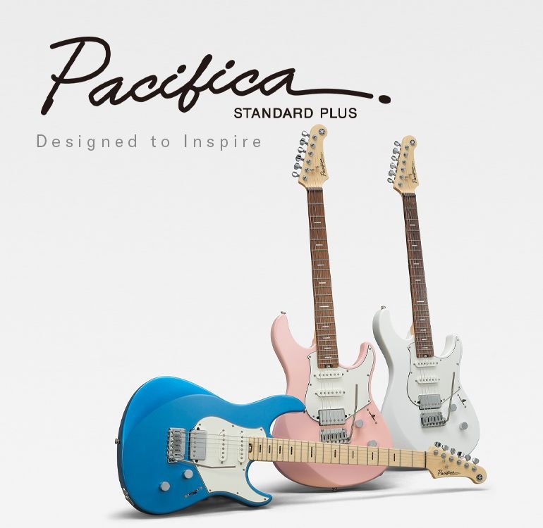 White background. Left: Pacifica professional logo & designed to inspire text. Right: 3 guitars