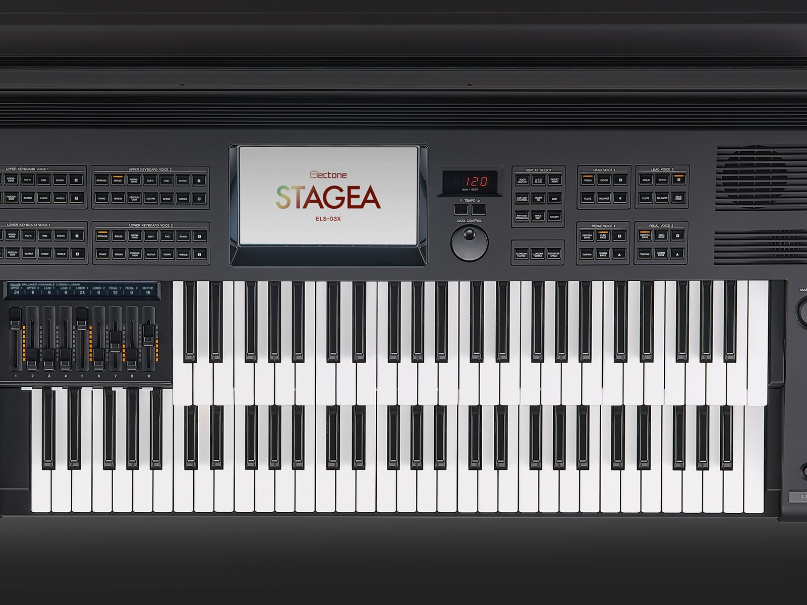 Keyboard section of the Electone showing both upper and lower keyboards, with the lower keyboard expanded to 61 keys.