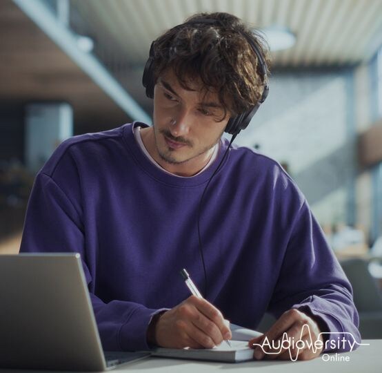 Key visual for Audioversity Online: a man focused on an online training session.