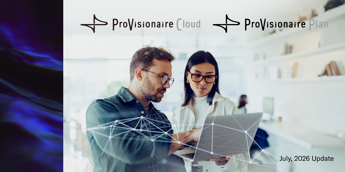 A main visual representing new features and updates to PVPlan and PVCloud. A man and a woman are working at a PC, managing systems and configuring settings through a cloud-based platform.