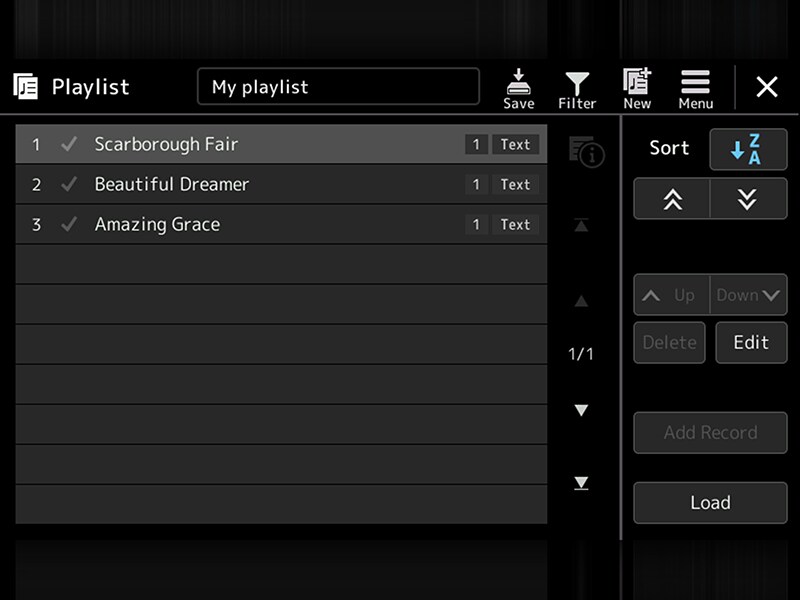 หน้าจอเพลย์ลิสต์จาก Arranger Workstation PSR-SX920/720+ ของ Yamaha