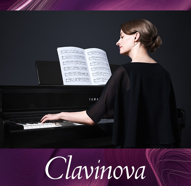 Yamaha Clavinova logo and a person playing Yamaha Clavinova CLP-875PE with a pleasant feeling
