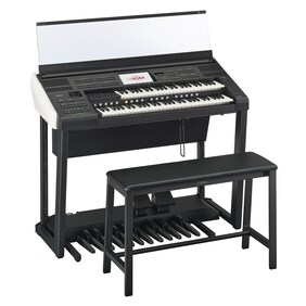 ภาพขนาดย่อของอิเล็กโทน ELS-03 ซีรีส์ของ Yamaha แสดงภาพขนาดใหญ่ของคีย์บอร์ดตัวบนและตัวล่าง แป้นเหยียบ และเก้าอี้นั่ง