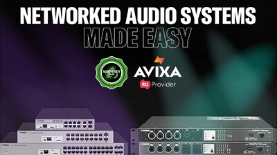 Featured course image for "Networked Audio Systems Made Easy", displaying Yamaha network switches.