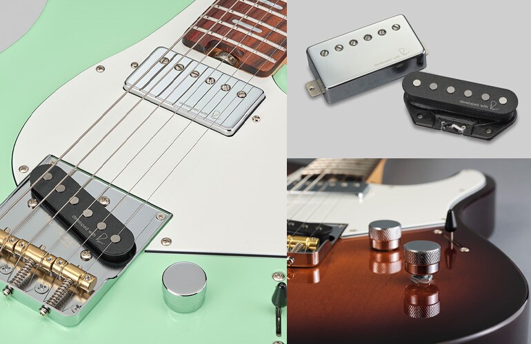 ภาพถ่ายระยะใกล้ของปิ๊กอัพและปุ่มปรับโทนเสียงของกีตาร์รุ่น Pacifica SC Standard Plus