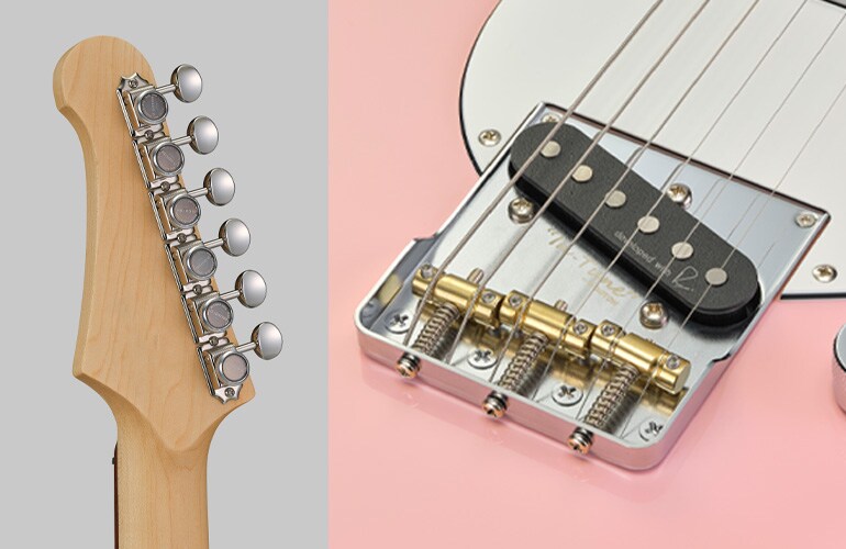 ภาพถ่ายระยะใกล้ของฮาร์ดแวร์ต่างๆ ของกีตาร์รุ่น Pacifica SC Standard Plus