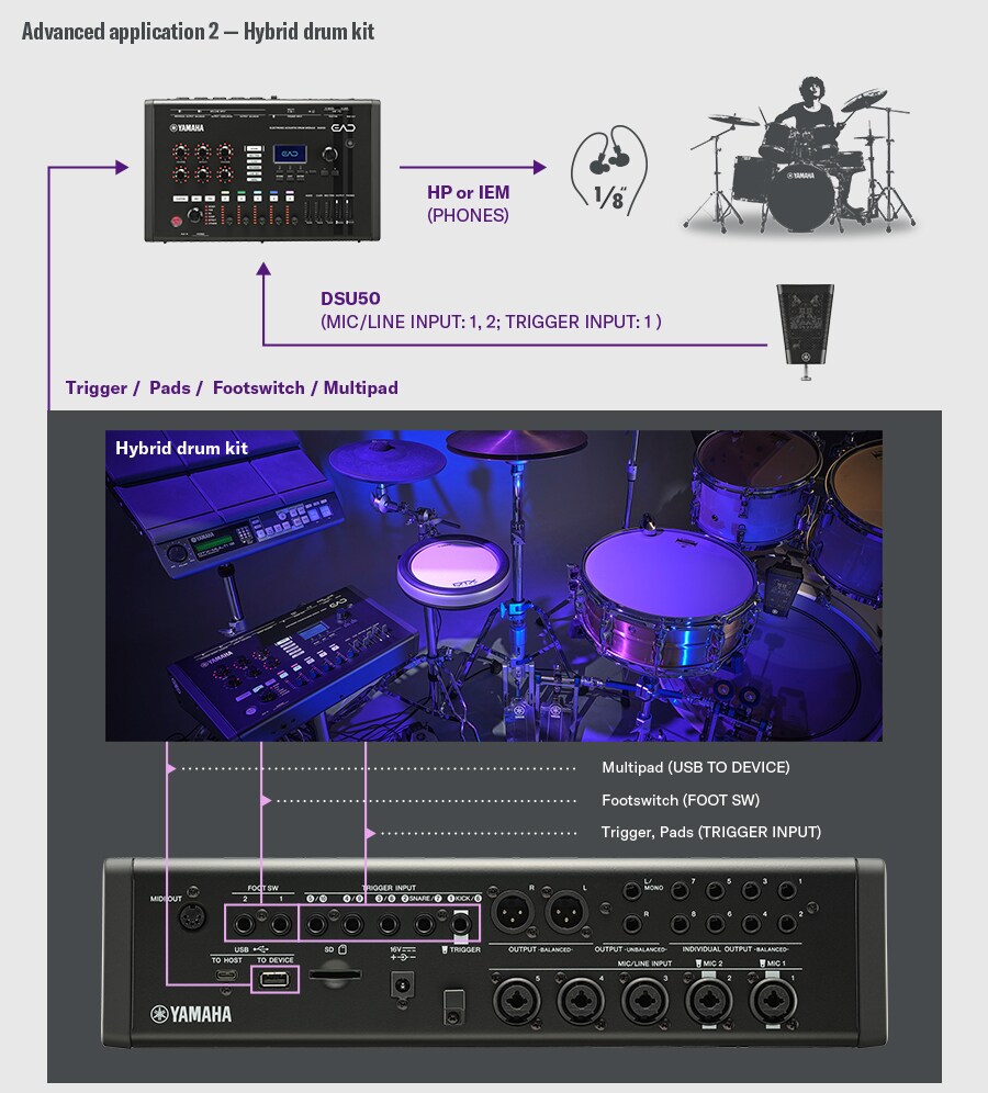 การตั้งค่าชุดกลองแบบไฮบริด DSU50 เชื่อมต่อกับ EAD50 ผ่านช่อง MIC/LINE INPUT 1-2 และ TRIGGER INPUT 1 พร้อมมอนิเตอร์เสียงผ่านช่อง PHONES ที่เอาต์พุตไปยังหูฟังหรือ IEM ภาพมือกลองด้านขวาแสดงการมอนิเตอร์เสียงอะคูสติกเบื้องต้นผ่าน DSU50 และ EAD50 ส่วนด้านล่างแสดงชุดกลองไฮบริดที่รวมเอาแป้นกลองไฟฟ้า สวิตช์แบบเท้าเหยียบ และมัลติแพดเข้าด้วยกัน แผงหลังของ EAD50 แสดง ・USB TO DEVICE (มัลติแพด) ・FOOT SW (สวิตช์แบบเท้าเหยียบ) ・TRIGGER INPUT (ทริกเกอร์/แป้นกลอง) ซึ่งแสดงให้เห็นถึงความยืดหยุ่นในการผสานกลองอะคูสติกเข้ากับส่วนประกอบอิเล็กทรอนิกส์