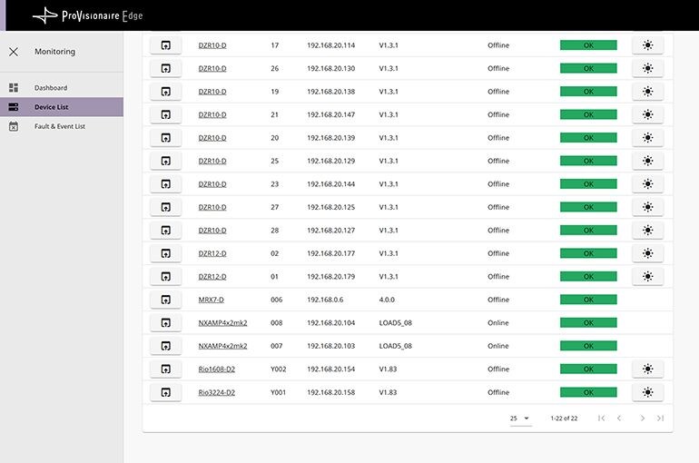 Yamaha ProVisionaire Control PLUS: Local Monitoring Service (ProVisionaire Edge): Device list