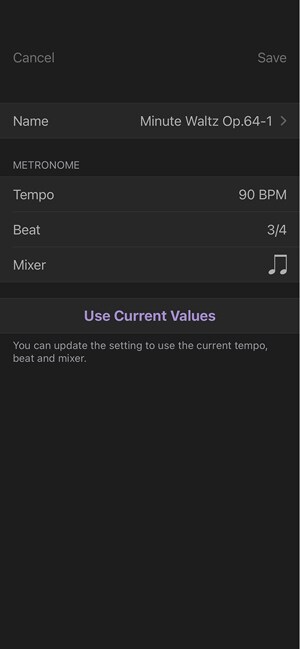 หน้าจอ My List ในแอป METRONOME: ช่วยให้คุณสามารถบันทึกและแก้ไขเท็มโป เครื่องหมายกำหนดจังหวะ และตั้งค่าโทนเสียง