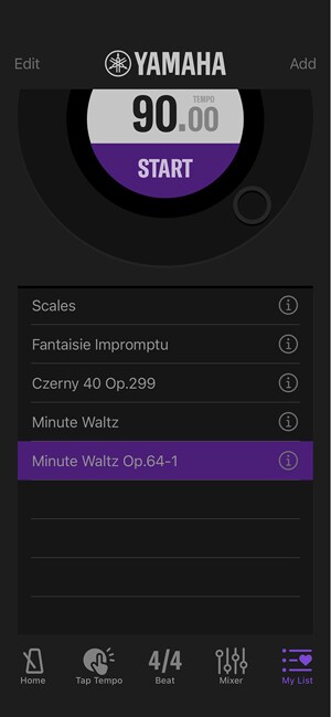 รายการการตั้งค่า METRONOME ที่บันทึกไว้